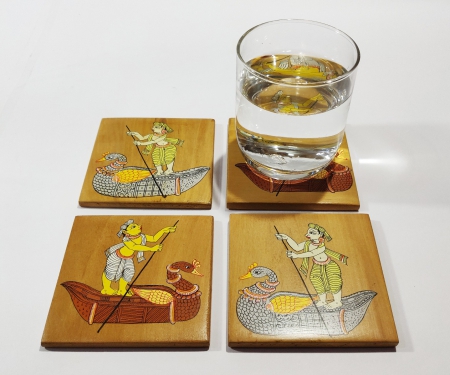 Boad Ride Pattachitra Design Hand Painted Wooden Coaster set of 4