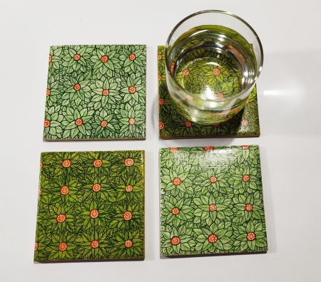 Leaves and Flower Design Hand Painted Wooden Coaster set of 4