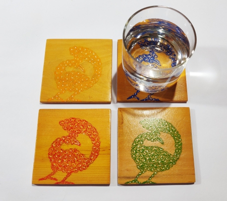 Peacock Art Design Hand Painted Wooden Coaster set of 4