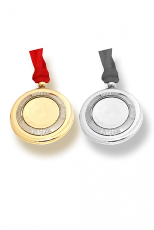 Saucer Shaped Golden Medal with Silver RIng and Red Ribbon
